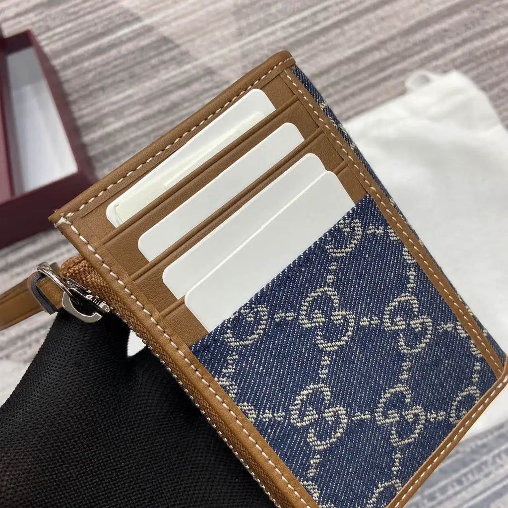 Gucci GG Emblem card case with strap 819121 Navy Blue & Brown