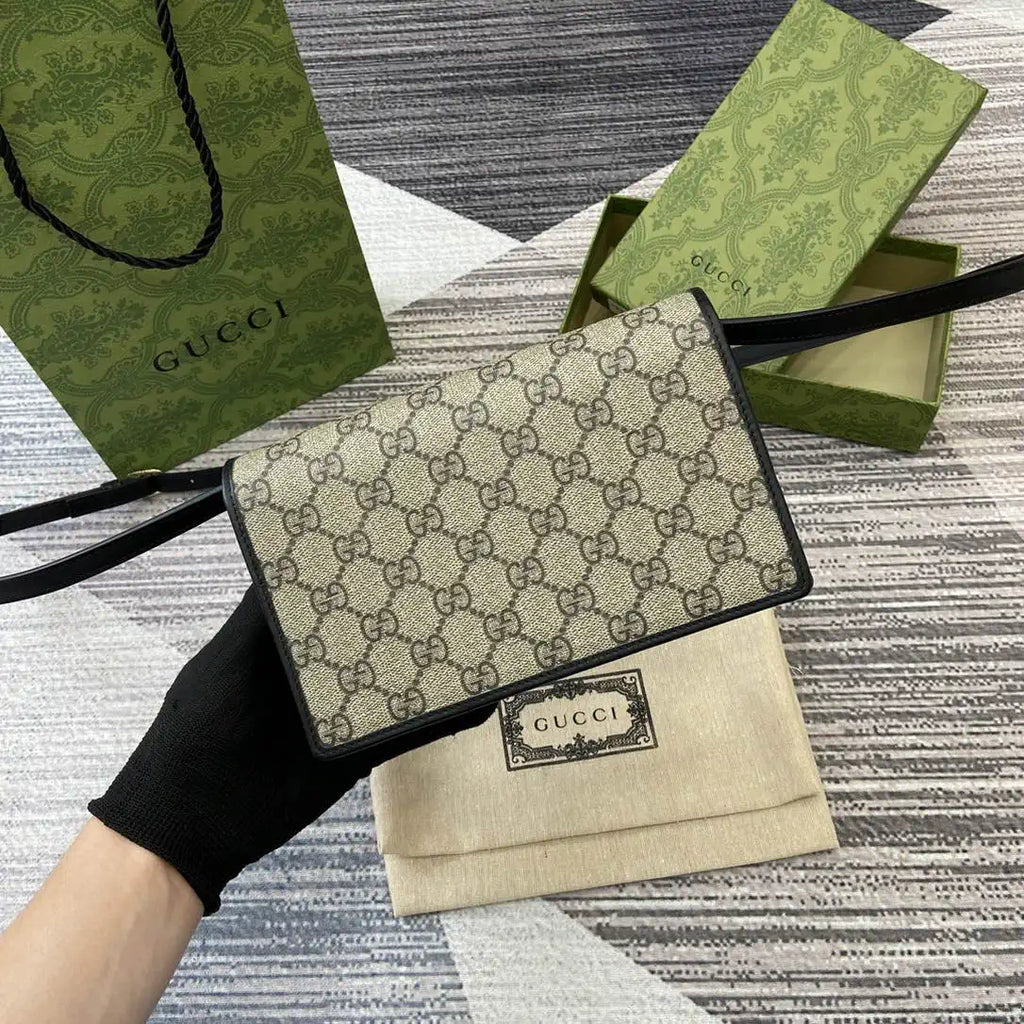 Gucci GG Emblem wallet with leather strap 820688 Biege & Black