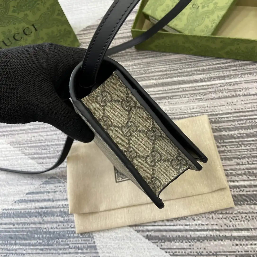 Gucci GG Emblem wallet with leather strap 820688 Biege & Black