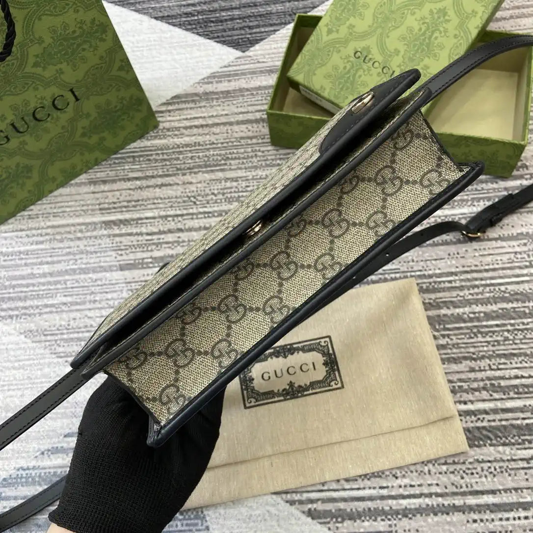 Gucci GG Emblem wallet with leather strap 820688 Biege & Black