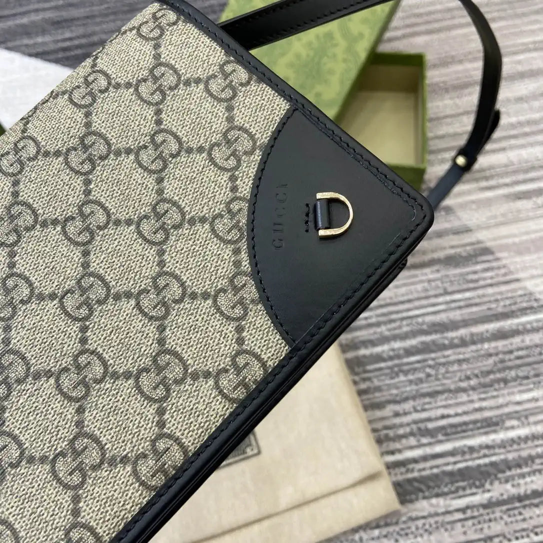 Gucci GG Emblem wallet with leather strap 820688 Biege & Black