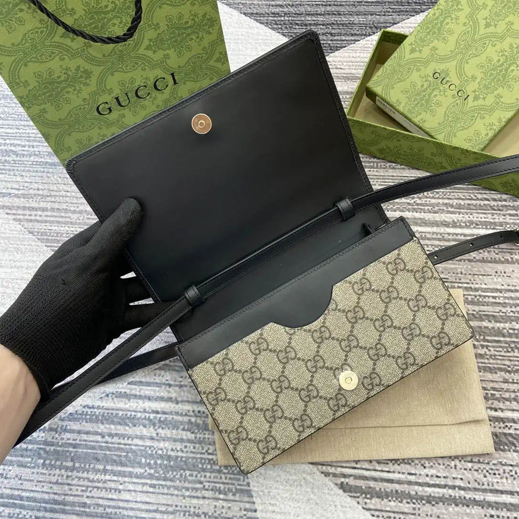 Gucci GG Emblem wallet with leather strap 820688 Biege & Black