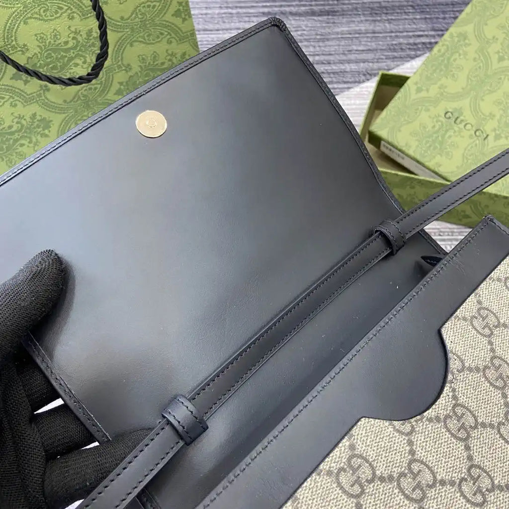 Gucci GG Emblem wallet with leather strap 820688 Biege & Black