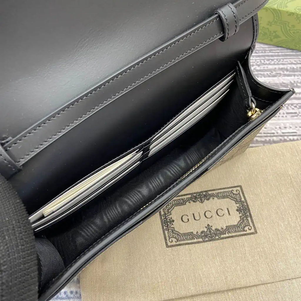 Gucci GG Emblem wallet with leather strap 820688 Biege & Black