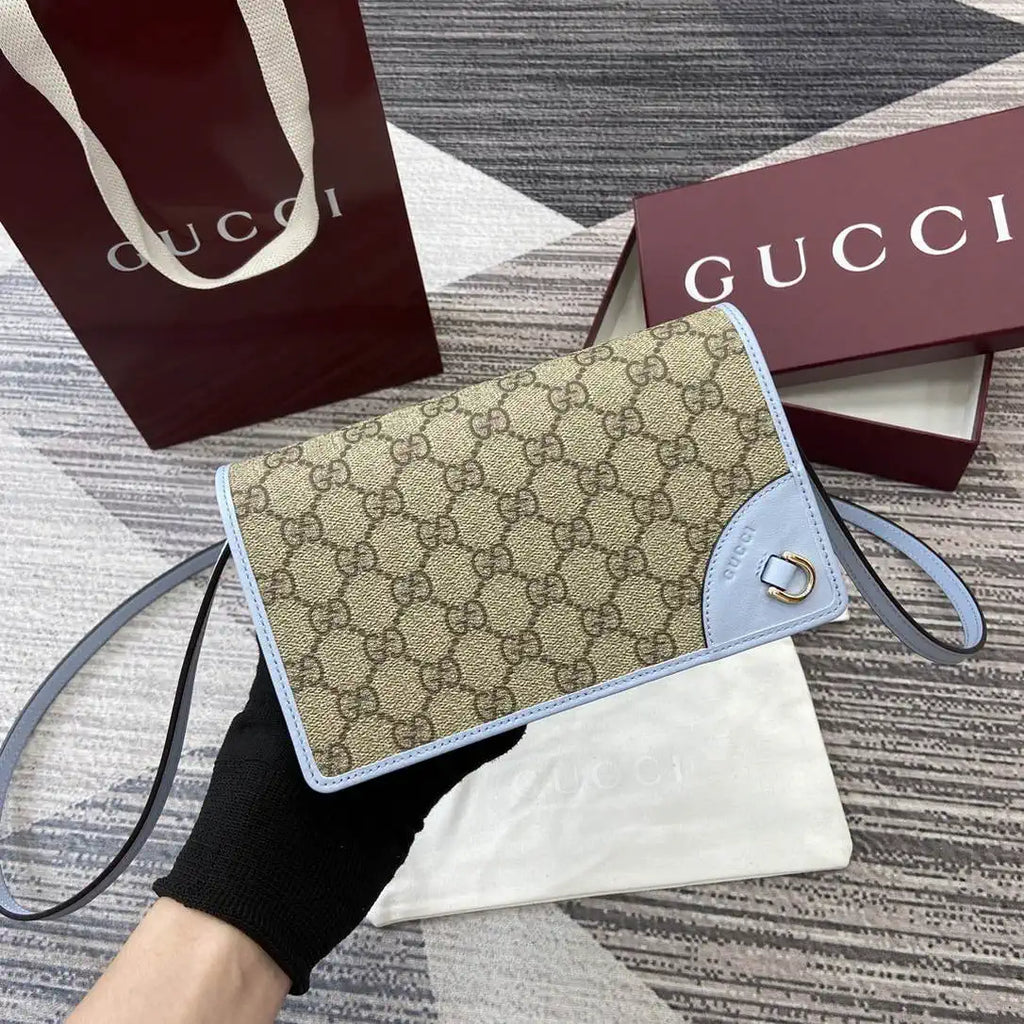 Gucci GG Emblem wallet with leather strap 820688 Biege & Blue