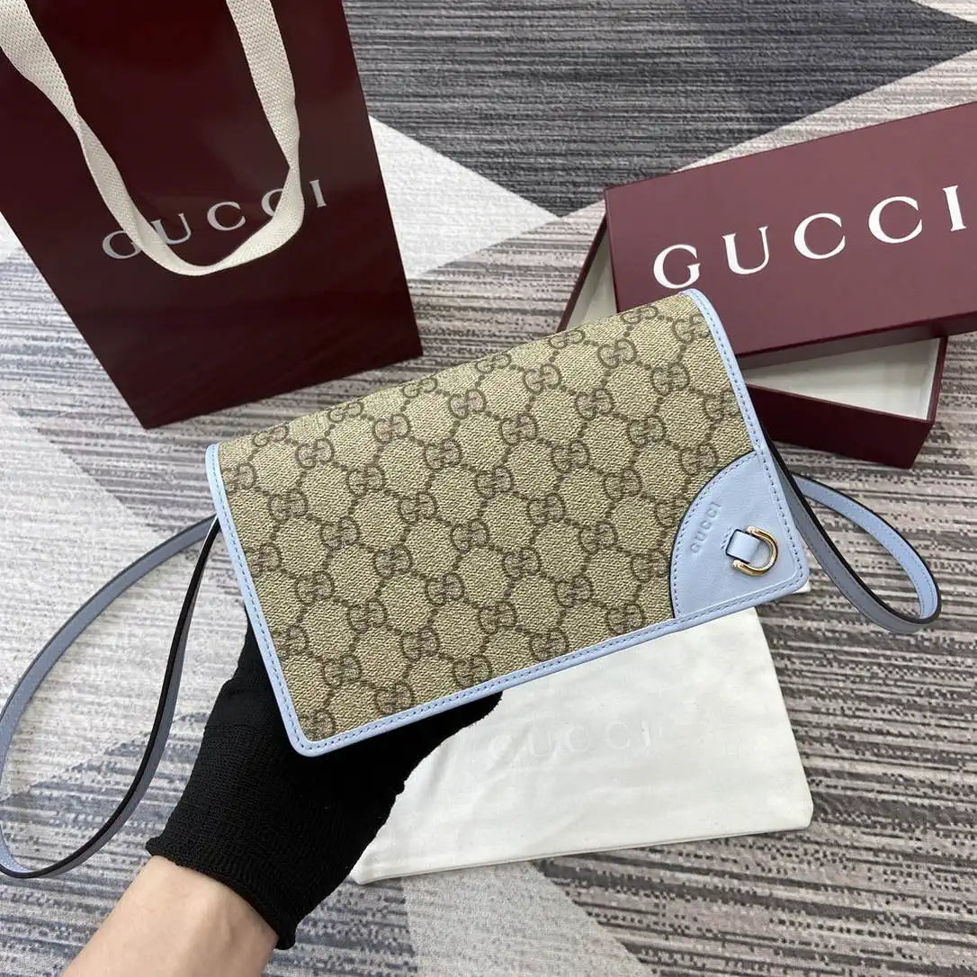 Gucci GG Emblem wallet with leather strap 820688 Biege & Blue