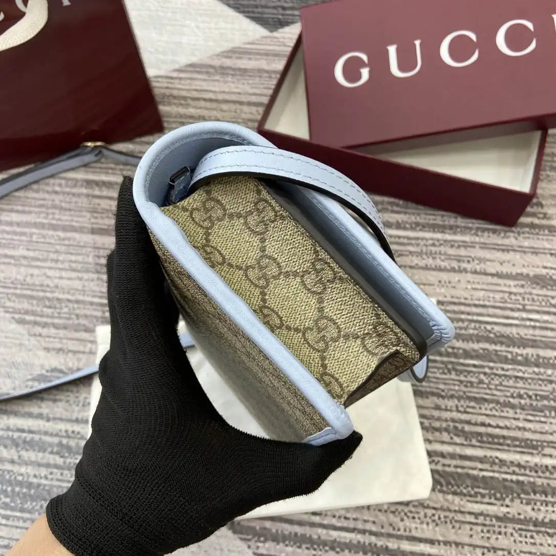 Gucci GG Emblem wallet with leather strap 820688 Biege & Blue
