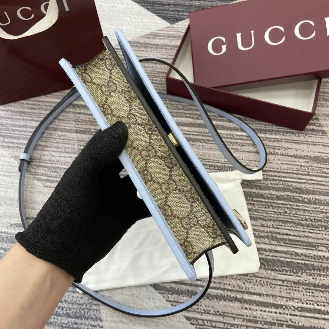 Gucci GG Emblem wallet with leather strap 820688 Biege & Blue