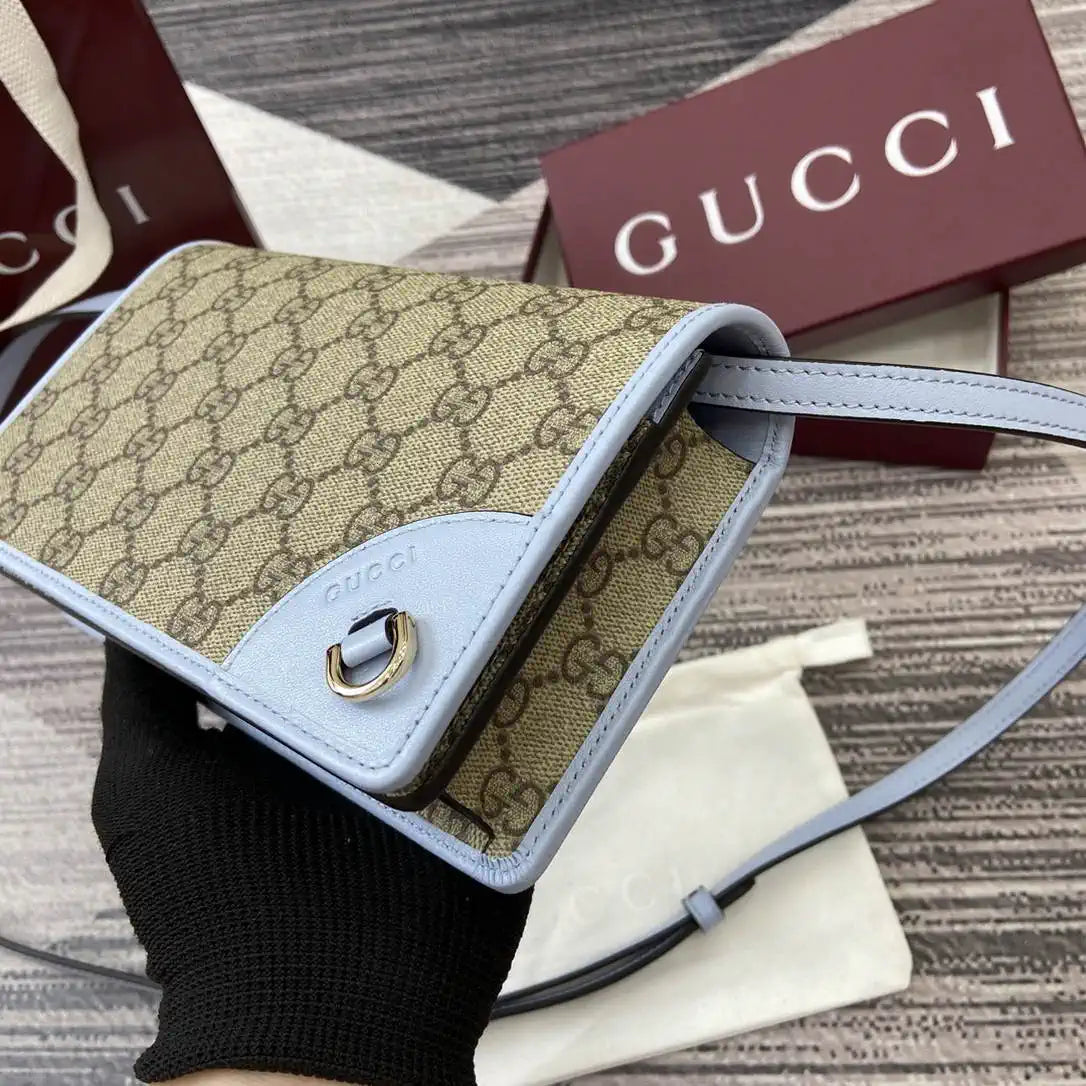 Gucci GG Emblem wallet with leather strap 820688 Biege & Blue