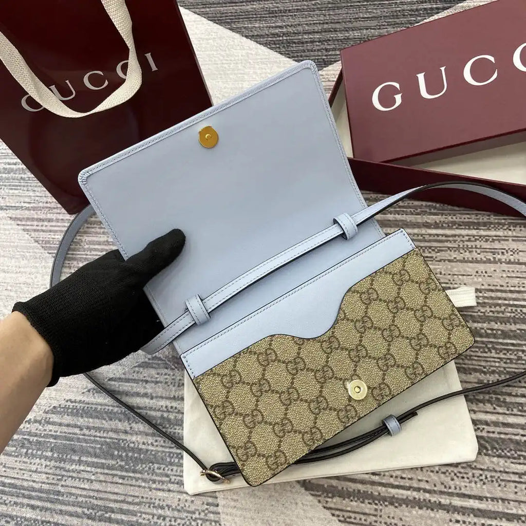 Gucci GG Emblem wallet with leather strap 820688 Biege & Blue