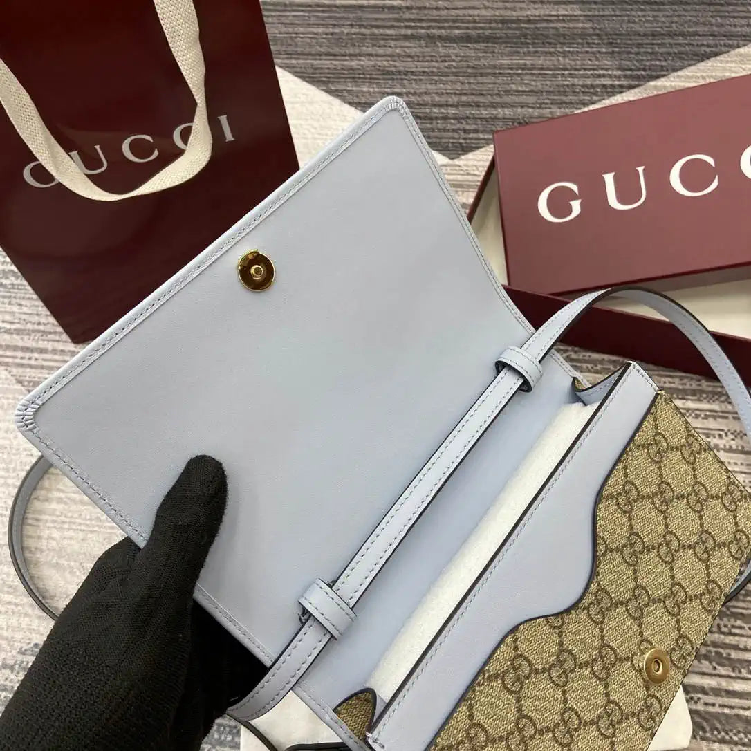 Gucci GG Emblem wallet with leather strap 820688 Biege & Blue