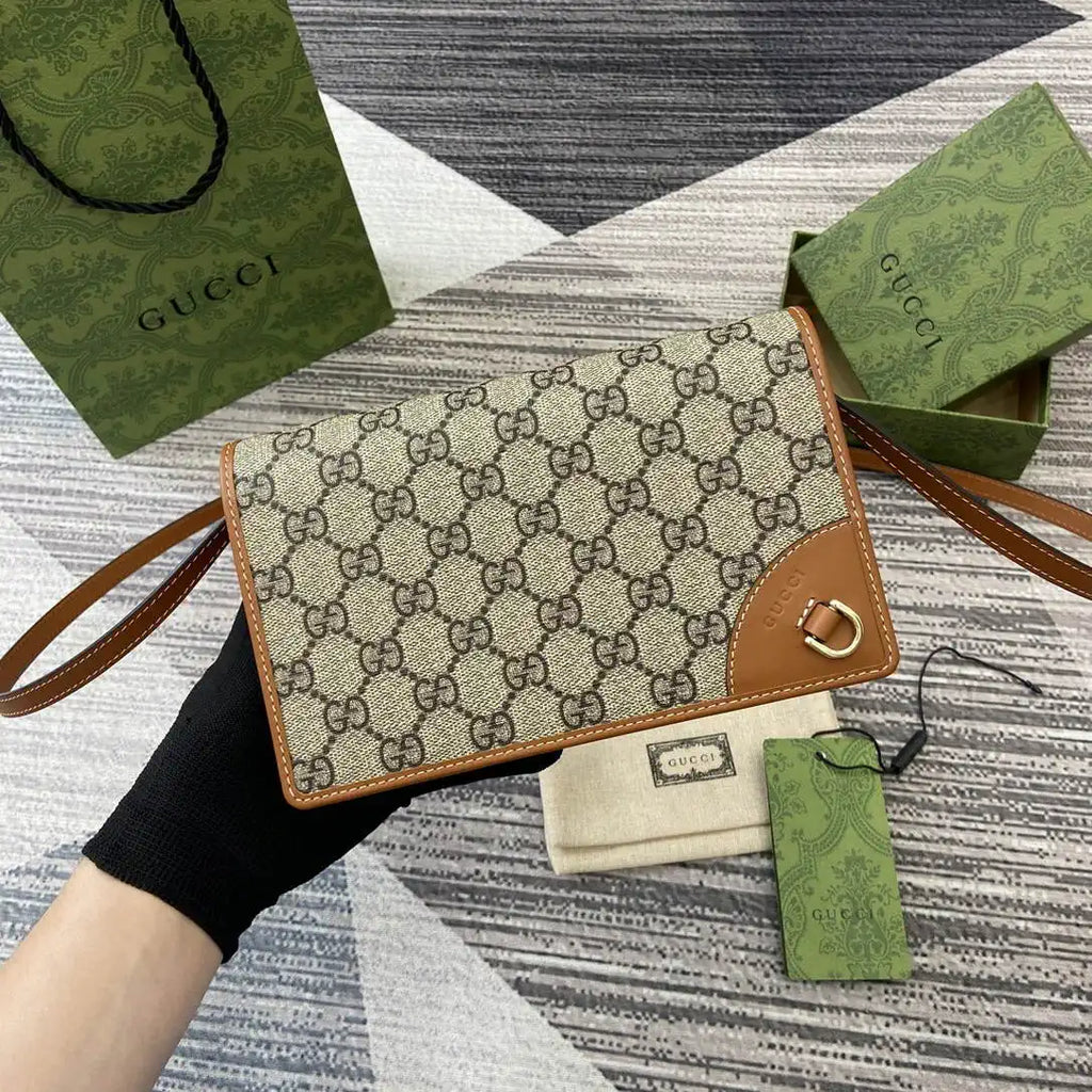 Gucci GG Emblem wallet with leather strap 820688 Biege & Dark Brown