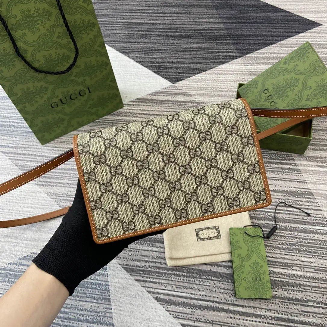 Gucci GG Emblem wallet with leather strap 820688 Biege & Dark Brown