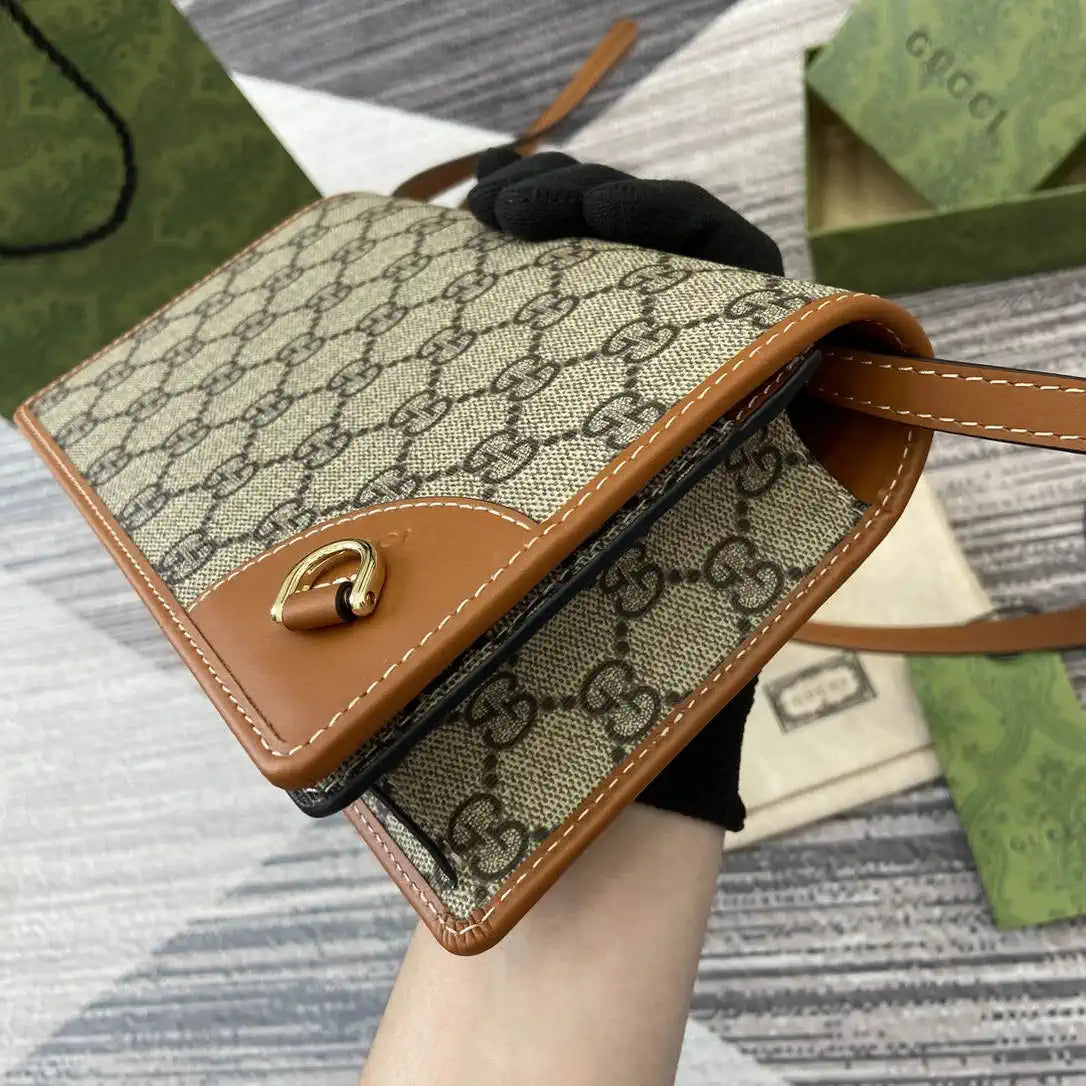 Gucci GG Emblem wallet with leather strap 820688 Biege & Dark Brown