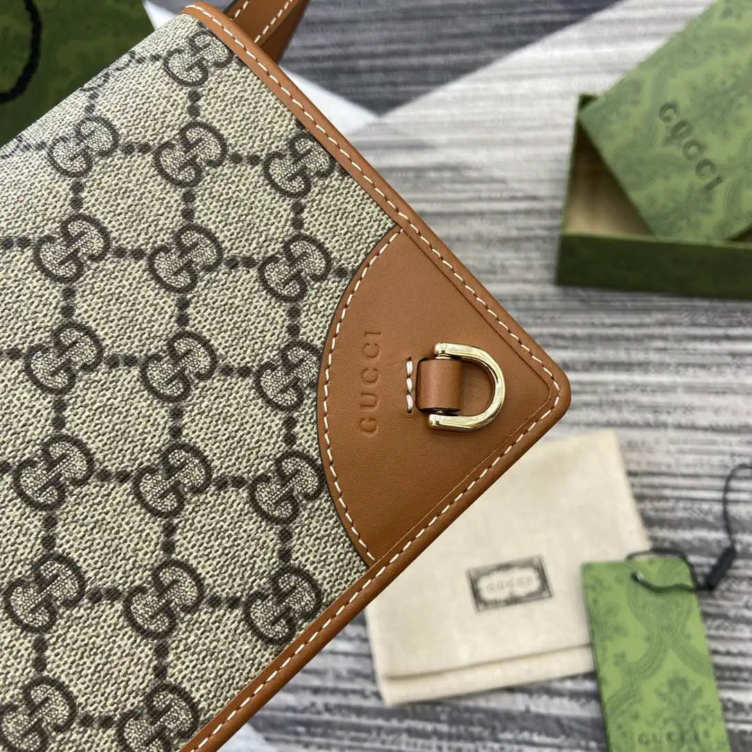 Gucci GG Emblem wallet with leather strap 820688 Biege & Dark Brown