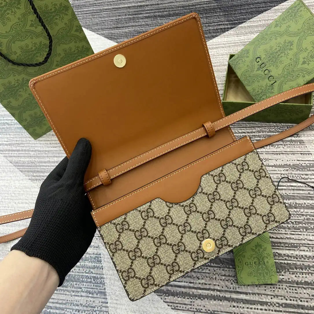 Gucci GG Emblem wallet with leather strap 820688 Biege & Dark Brown