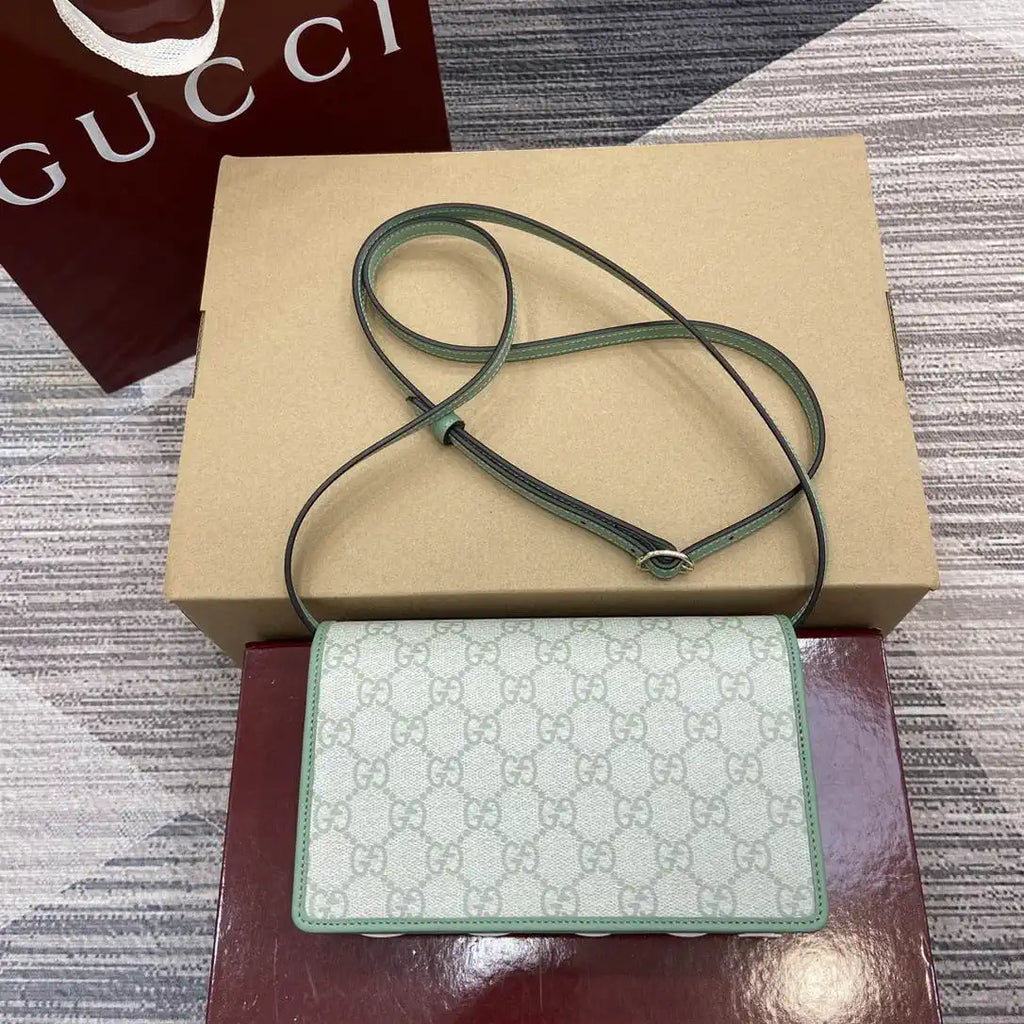 Gucci GG Emblem wallet with leather strap 820688 Biege & Green