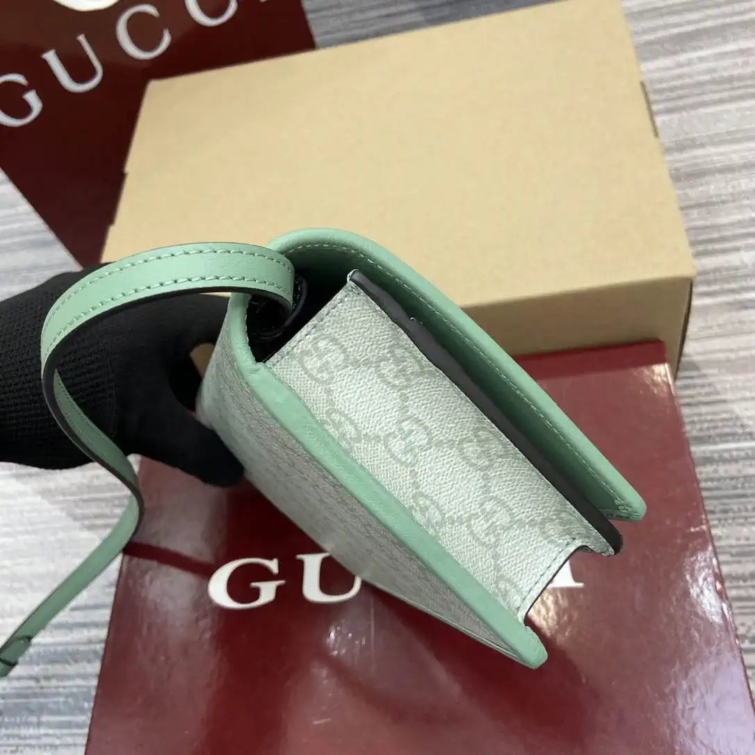 Gucci GG Emblem wallet with leather strap 820688 Biege & Green