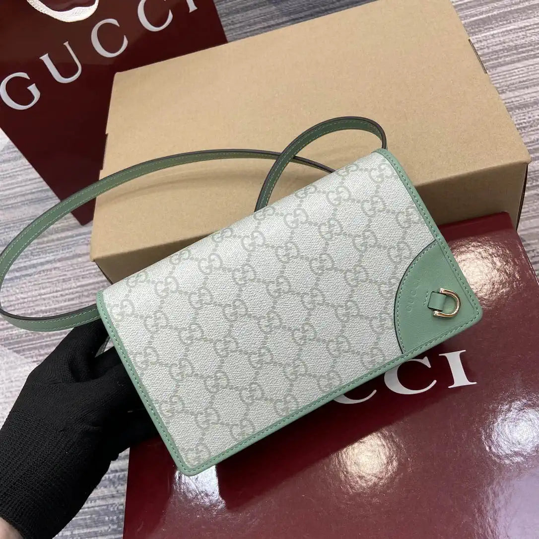 Gucci GG Emblem wallet with leather strap 820688 Biege & Green