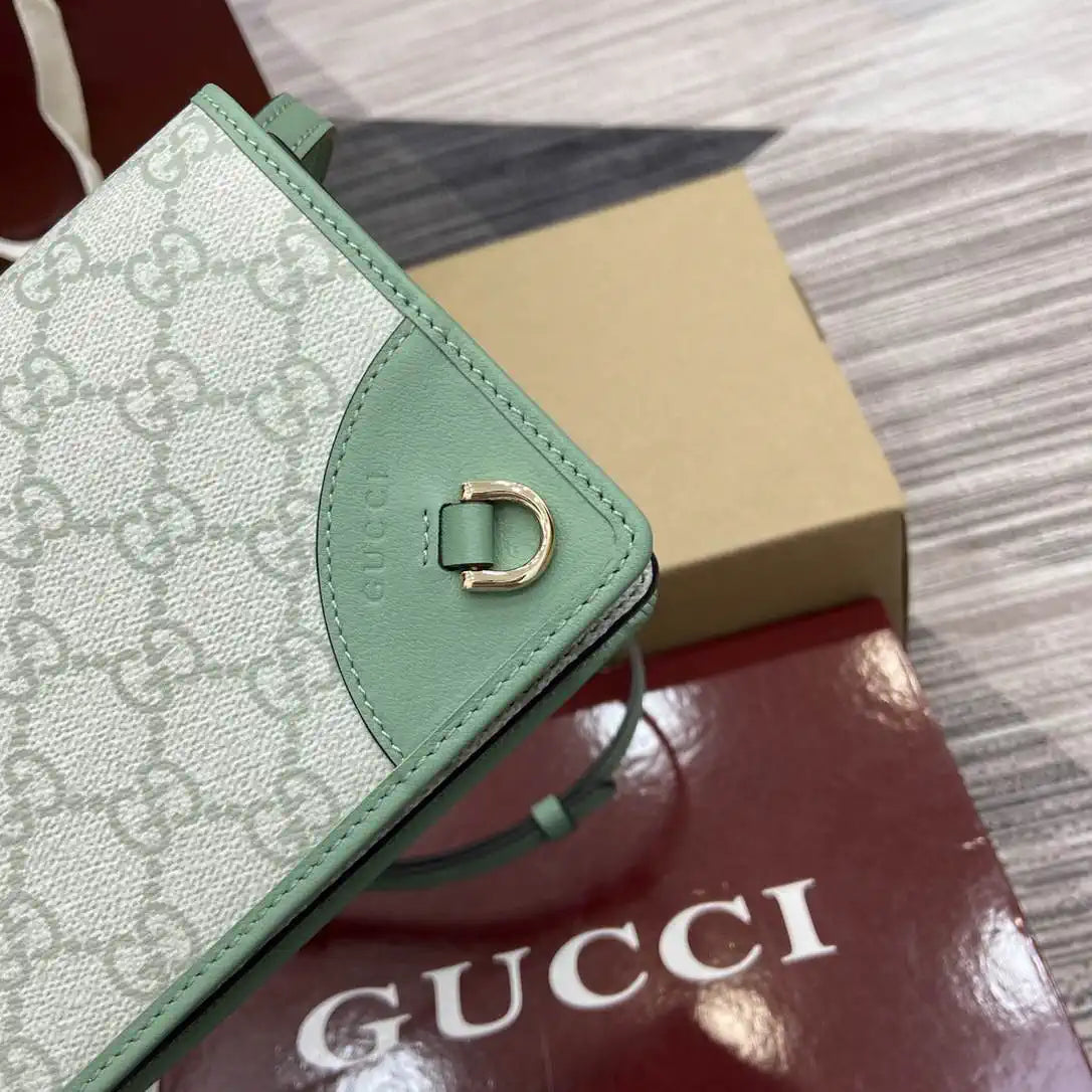 Gucci GG Emblem wallet with leather strap 820688 Biege & Green