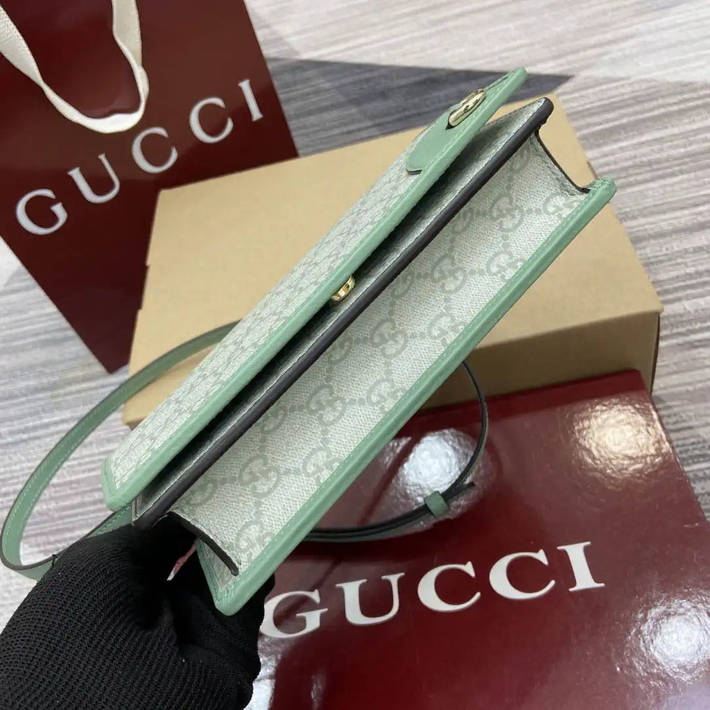 Gucci GG Emblem wallet with leather strap 820688 Biege & Green
