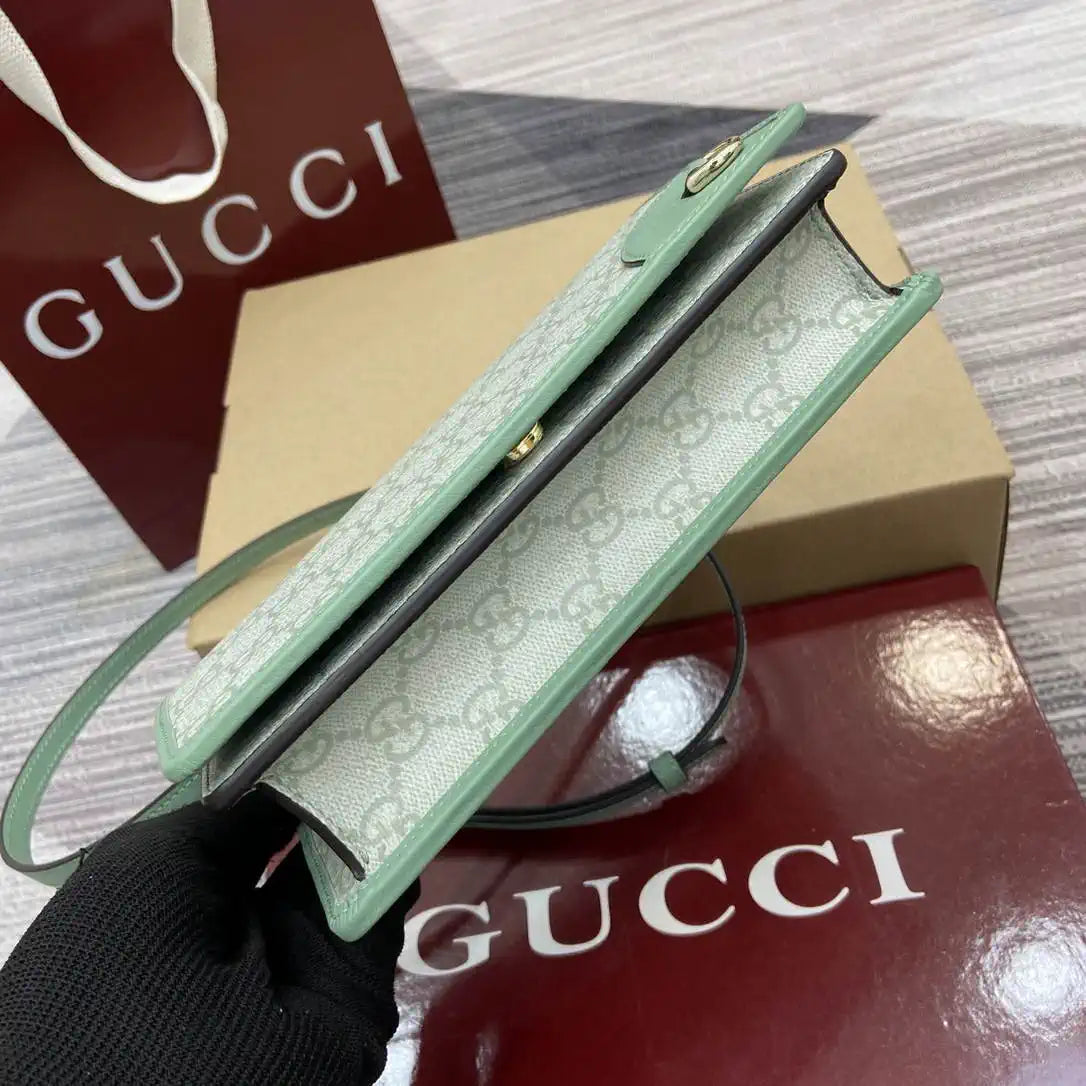 Gucci GG Emblem wallet with leather strap 820688 Biege & Green