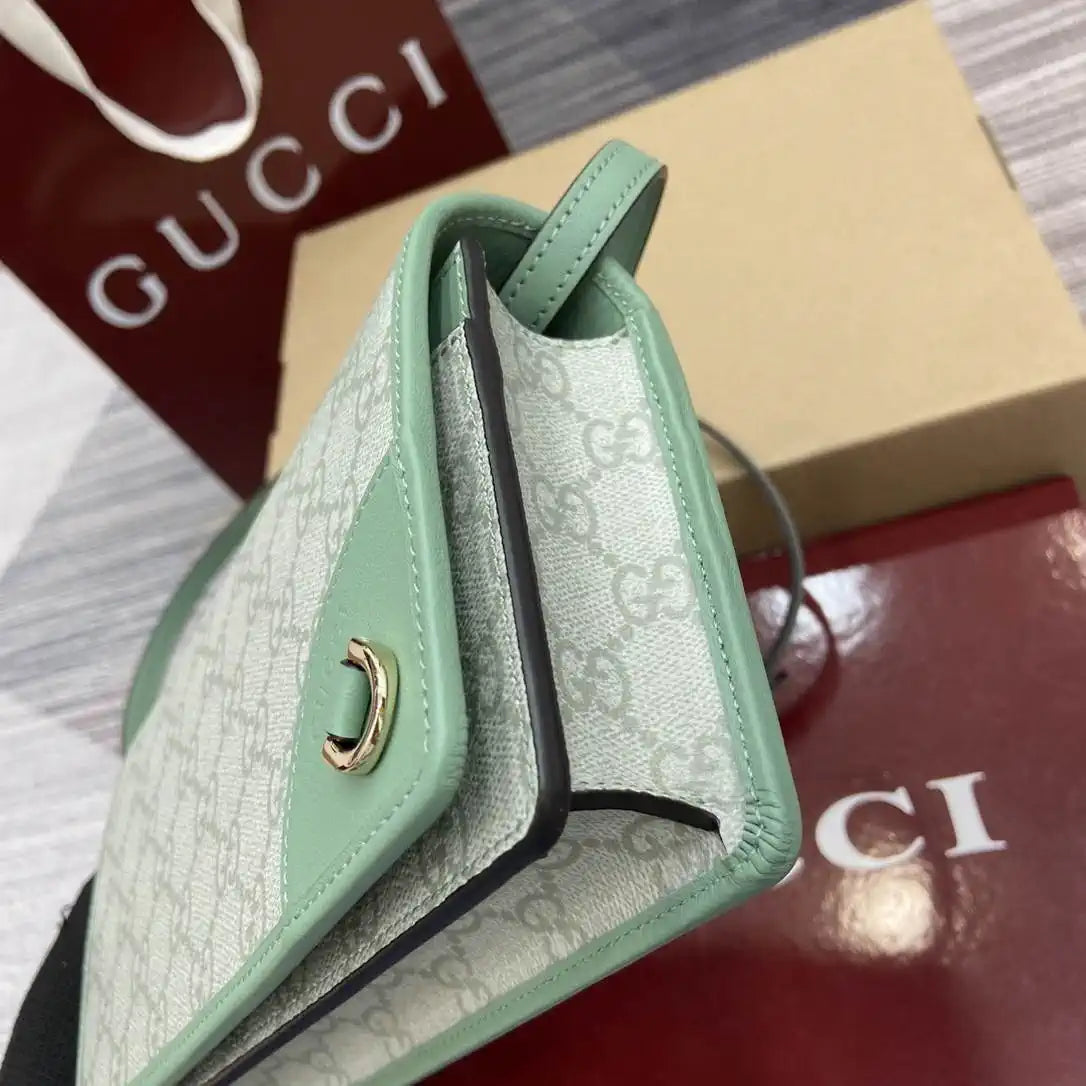 Gucci GG Emblem wallet with leather strap 820688 Biege & Green