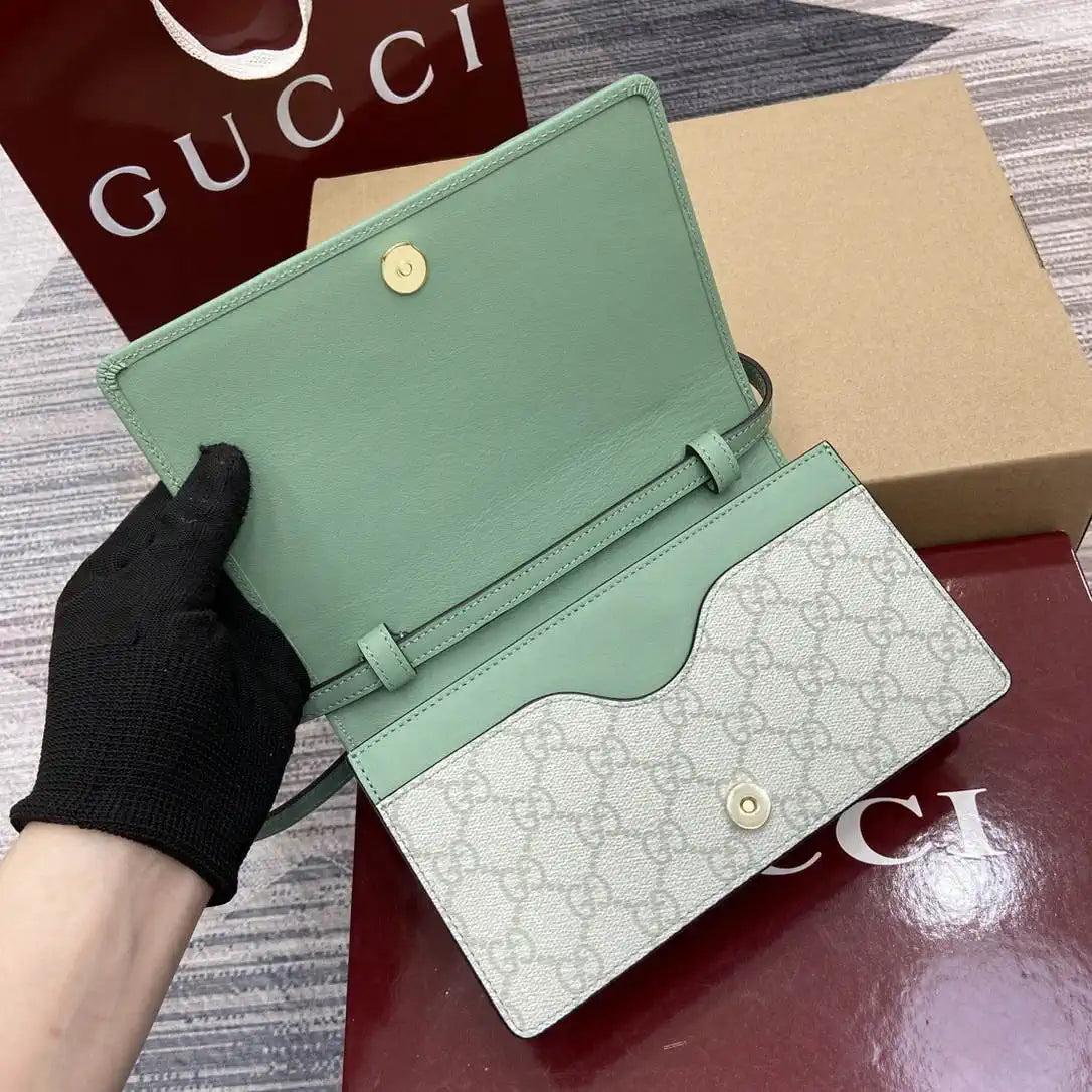 Gucci GG Emblem wallet with leather strap 820688 Biege & Green