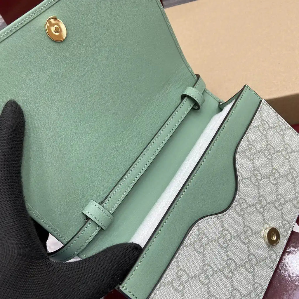 Gucci GG Emblem wallet with leather strap 820688 Biege & Green