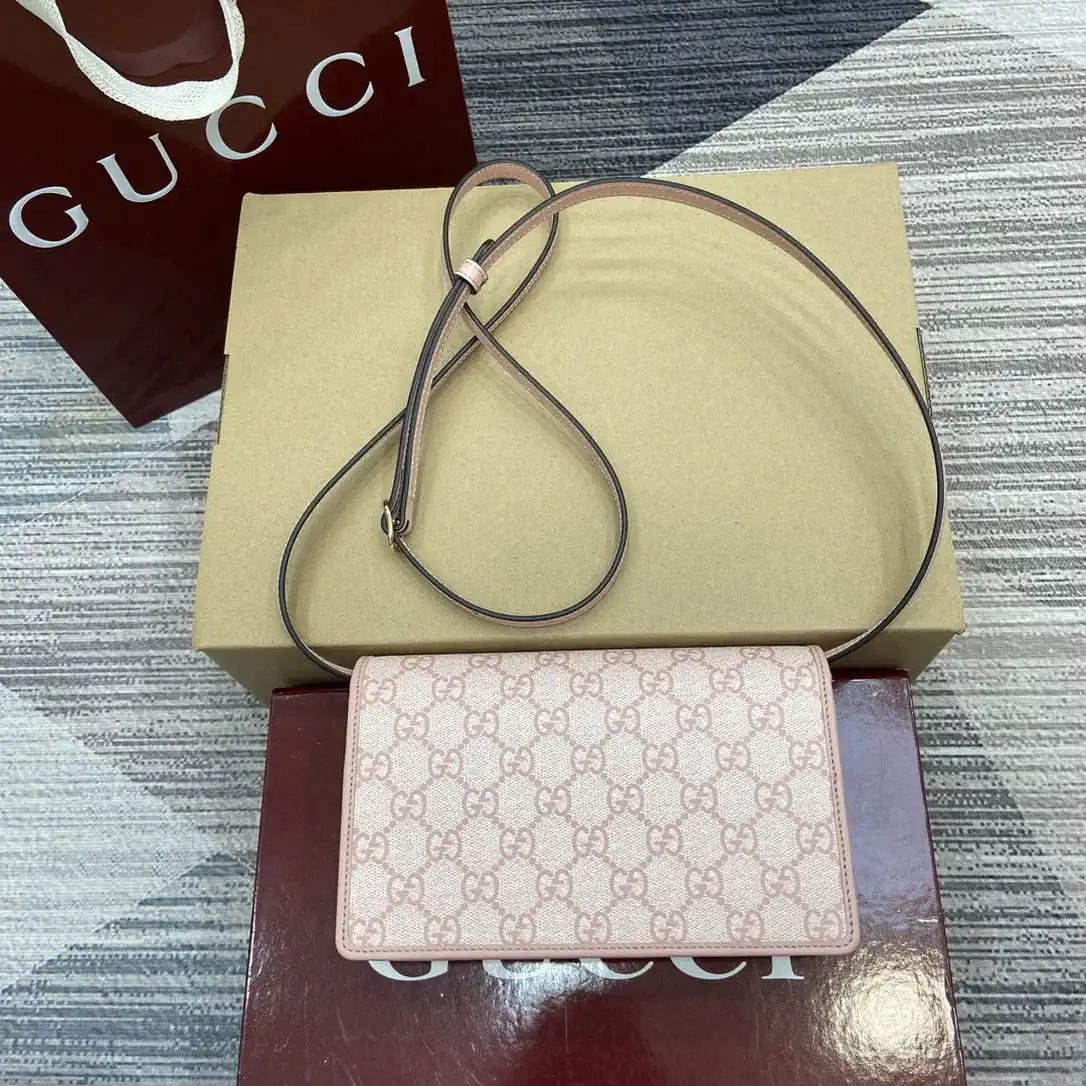 Gucci GG Emblem wallet with leather strap 820688 Biege & Pink