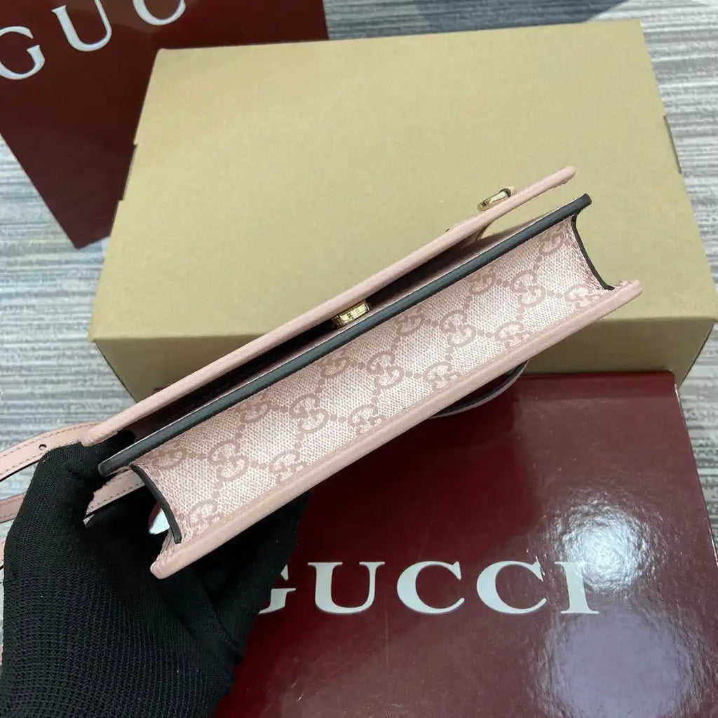 Gucci GG Emblem wallet with leather strap 820688 Biege & Pink