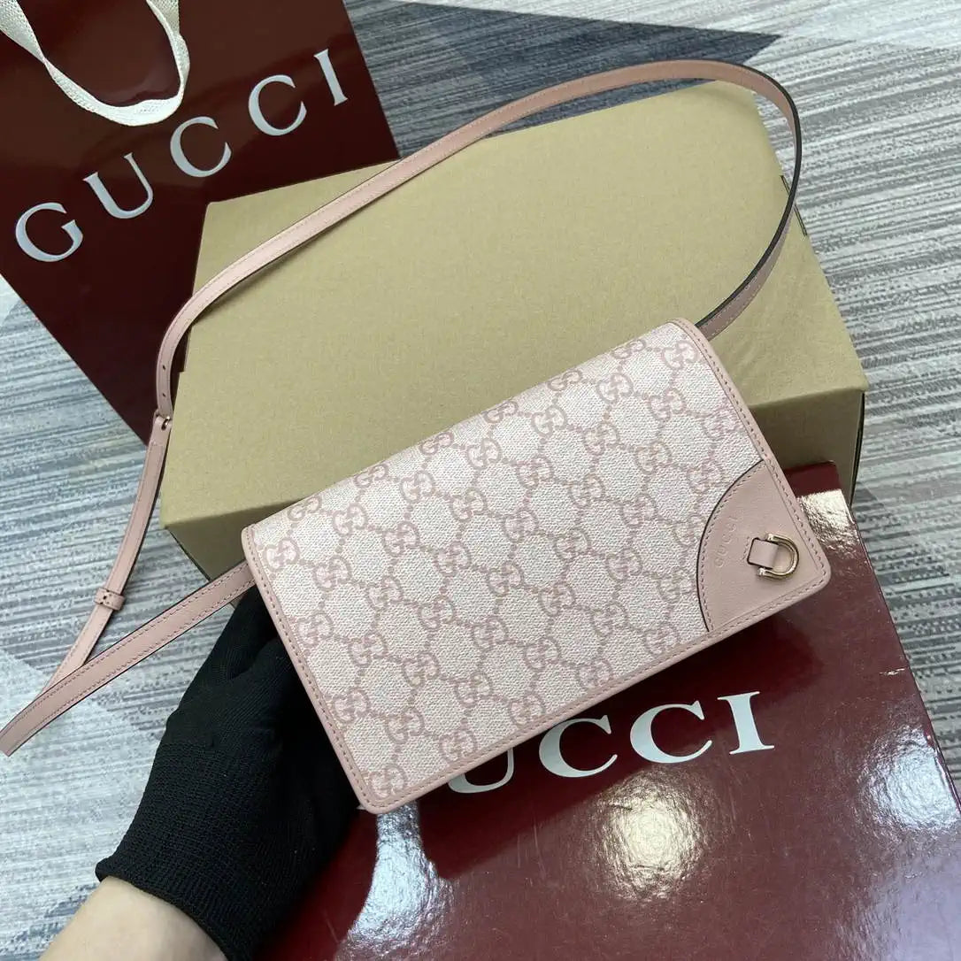 Gucci GG Emblem wallet with leather strap 820688 Biege & Pink