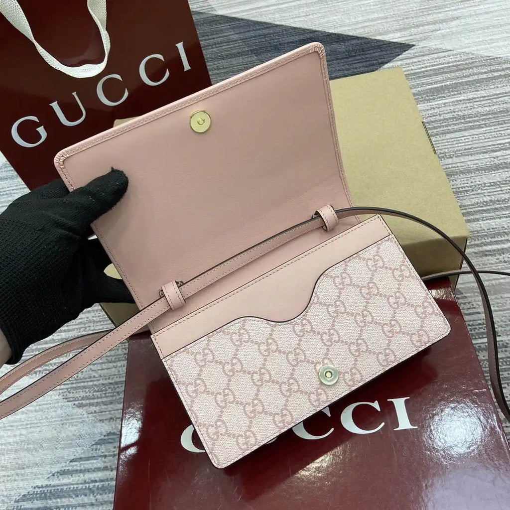 Gucci GG Emblem wallet with leather strap 820688 Biege & Pink