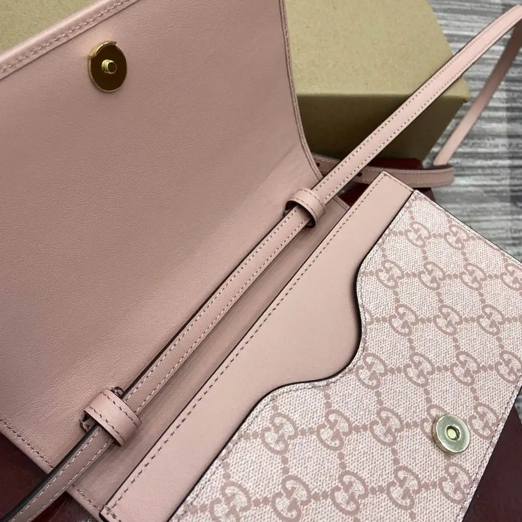 Gucci GG Emblem wallet with leather strap 820688 Biege & Pink