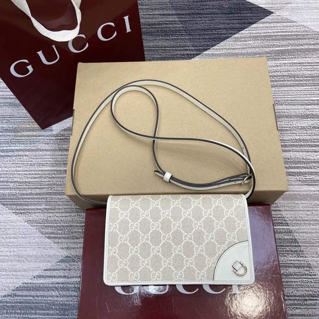 Gucci GG Emblem wallet with leather strap 820688 Biege & White