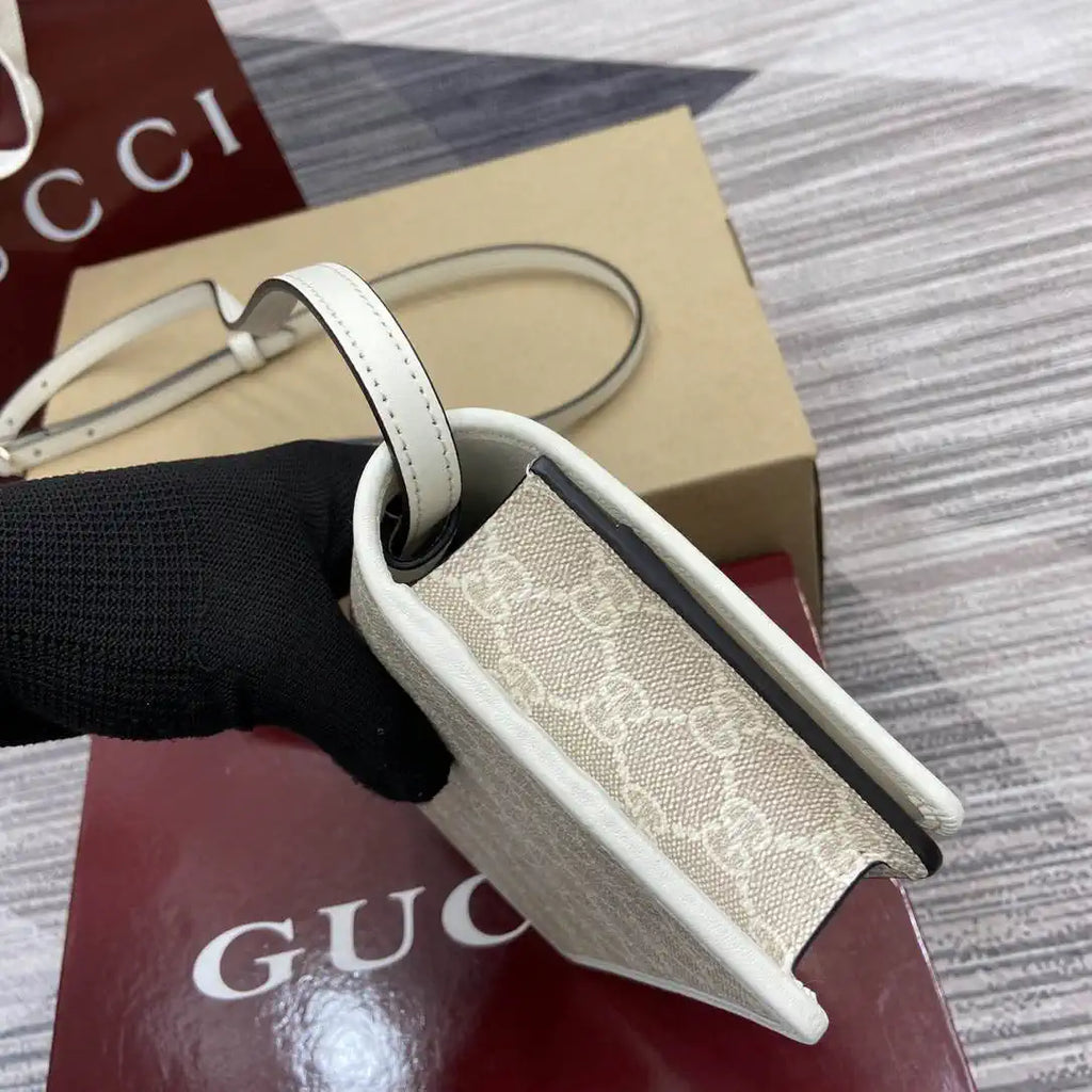 Gucci GG Emblem wallet with leather strap 820688 Biege & White