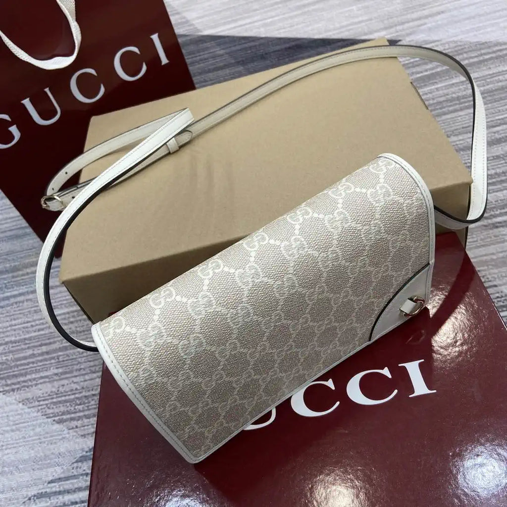 Gucci GG Emblem wallet with leather strap 820688 Biege & White