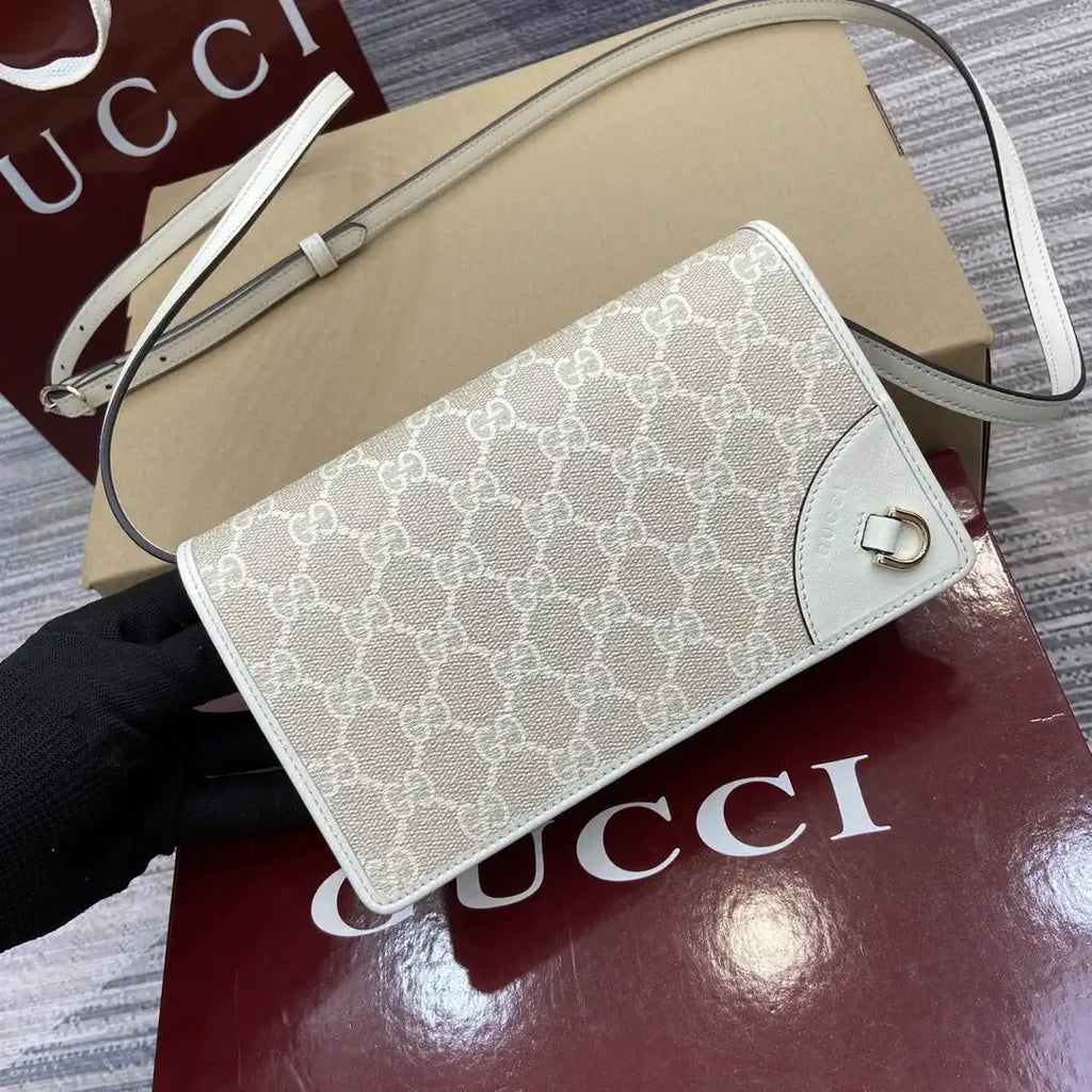 Gucci GG Emblem wallet with leather strap 820688 Biege & White
