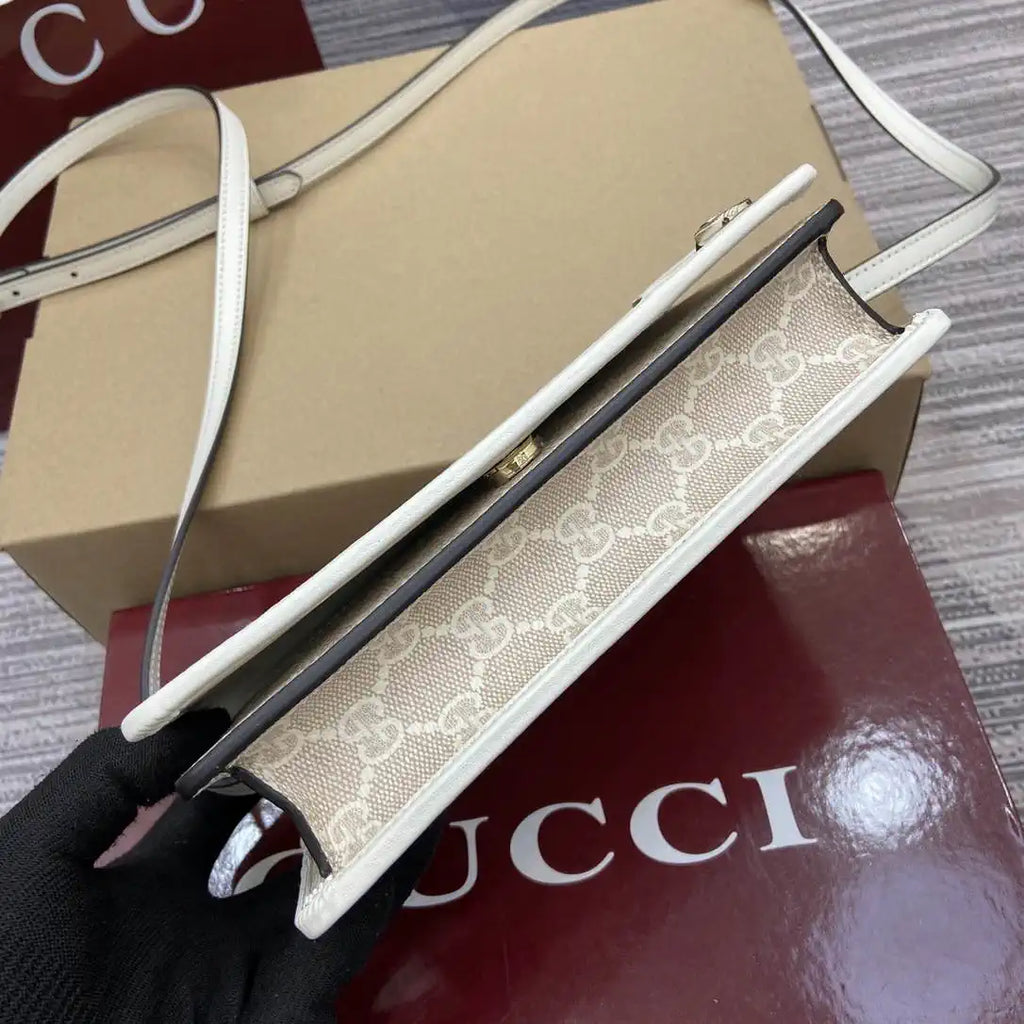 Gucci GG Emblem wallet with leather strap 820688 Biege & White