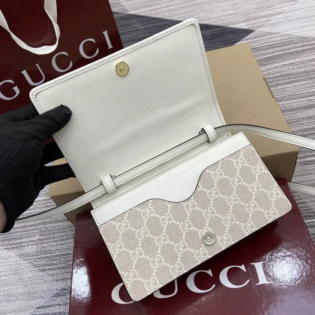 Gucci GG Emblem wallet with leather strap 820688 Biege & White