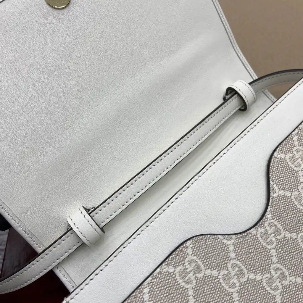 Gucci GG Emblem wallet with leather strap 820688 Biege & White