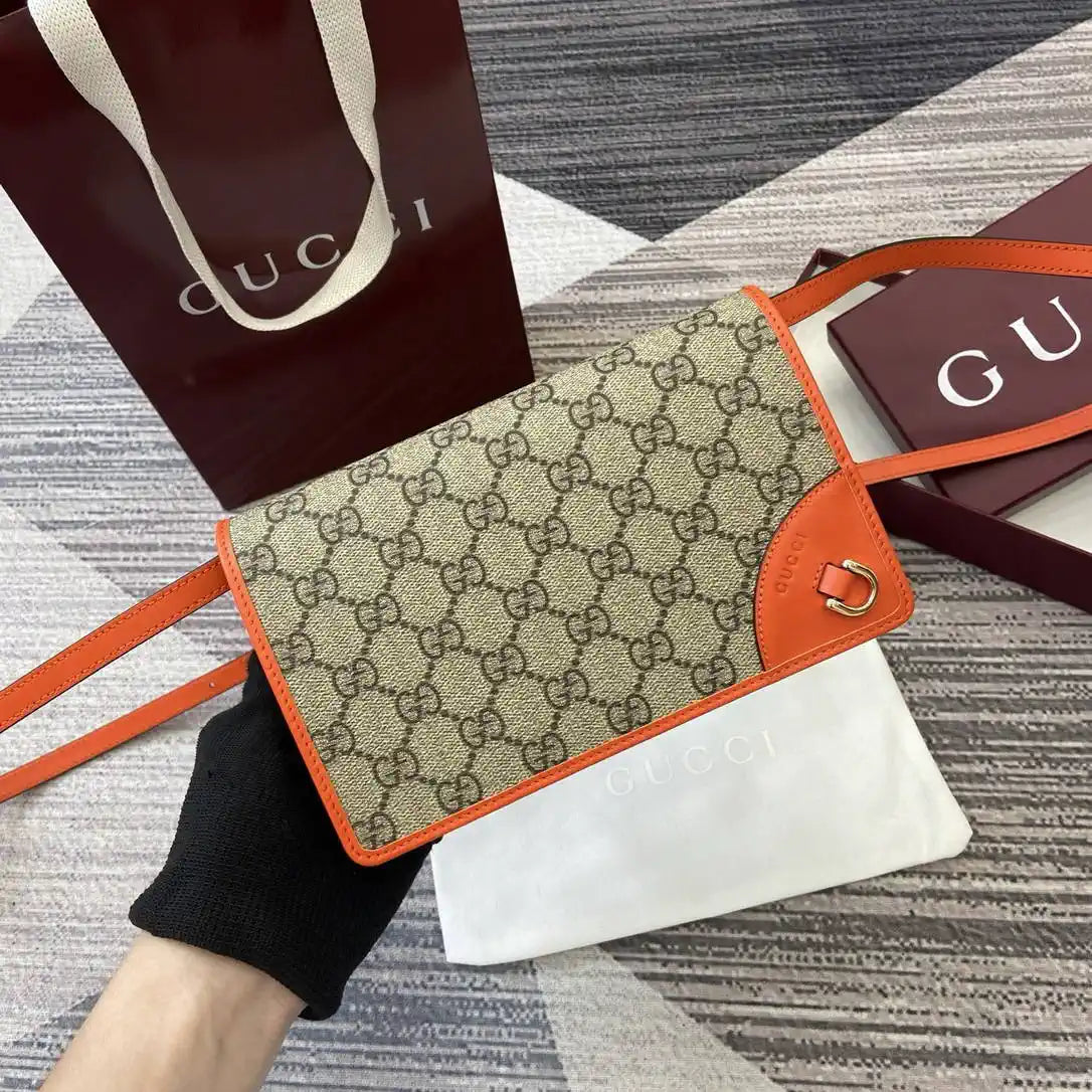Gucci GG Emblem wallet with leather strap 820688 Biege &Orange