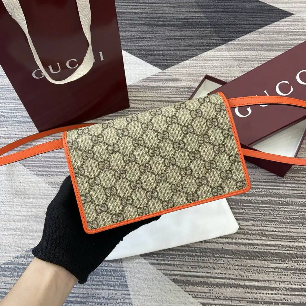 Gucci GG Emblem wallet with leather strap 820688 Biege &Orange