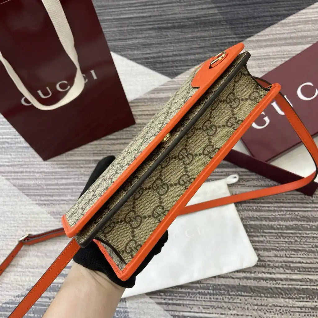 Gucci GG Emblem wallet with leather strap 820688 Biege &Orange