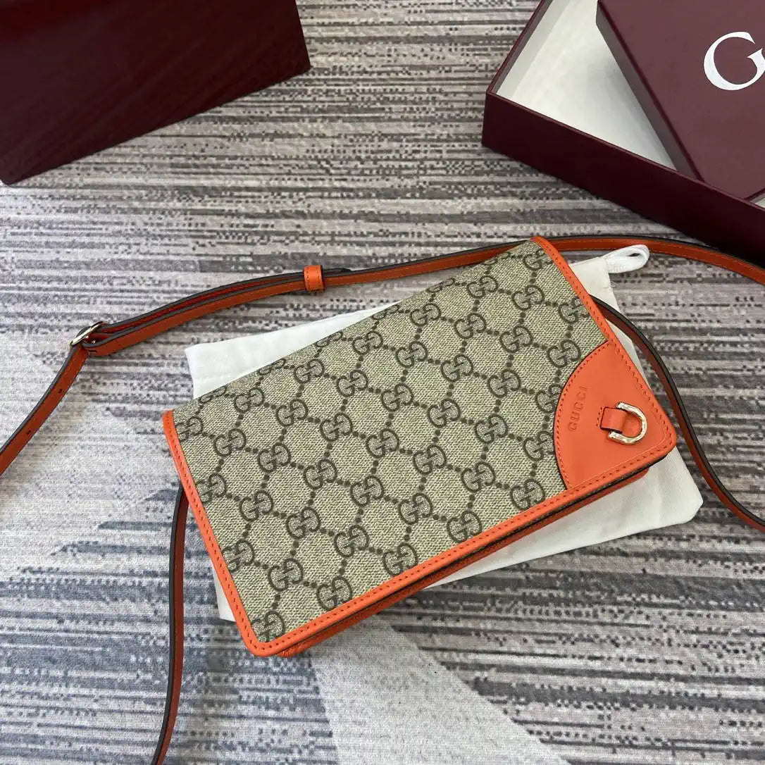Gucci GG Emblem wallet with leather strap 820688 Biege &Orange