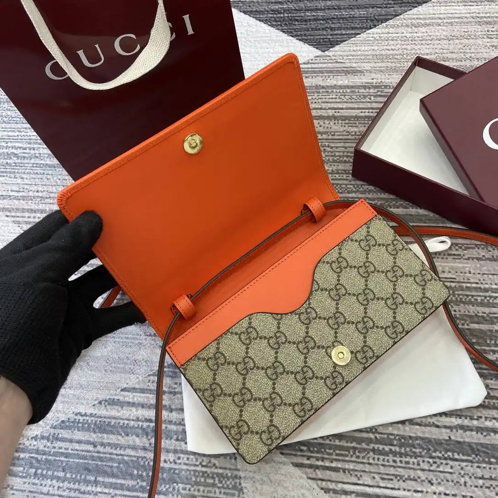 Gucci GG Emblem wallet with leather strap 820688 Biege &Orange