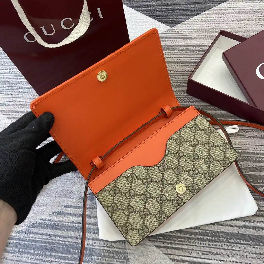 Gucci GG Emblem wallet with leather strap 820688 Biege &Orange