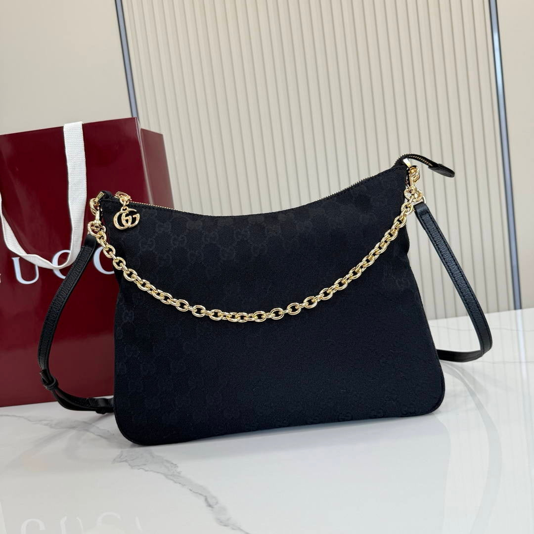 Gucci Lady Lunetta Chain medium shoulder bag A006OA Black Canvas