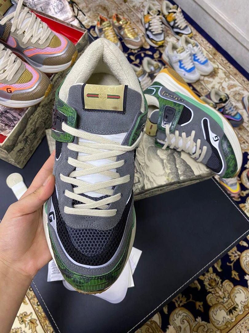 Gucci Men¡¯s Ultrapace R Leather Sneaker 81112 Green and Gray - luxibagsmall