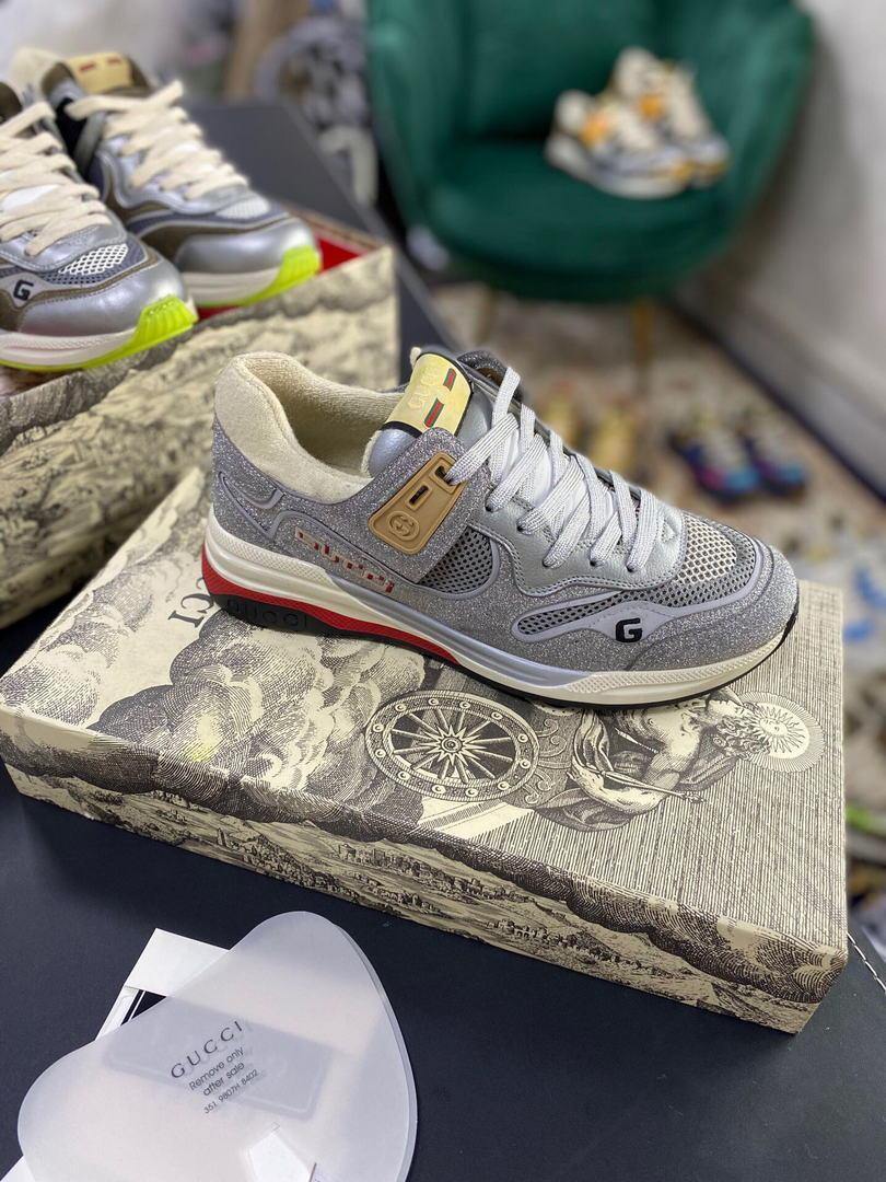 Gucci Men¡¯s Ultrapace R Leather Sneaker 81112 Silver and Gray - luxibagsmall